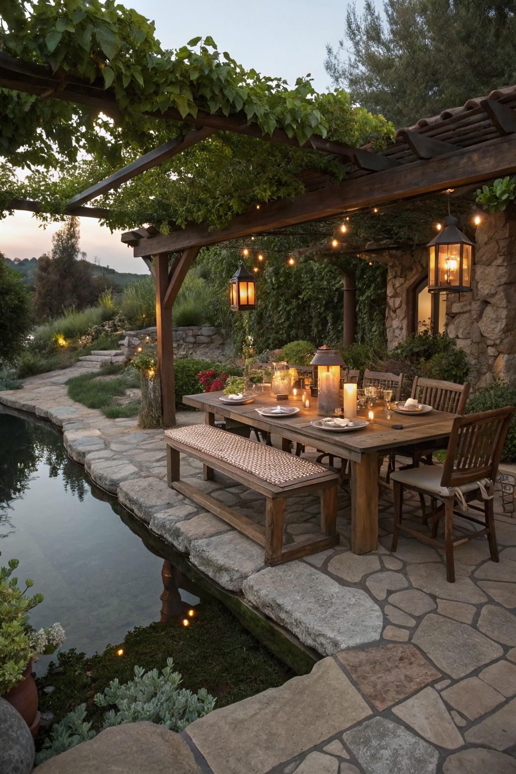 A long wooden dining table with a woven bench on one side and wooden chairs on the other is set on a stone patio beneath a vine-covered pergola next to a pond.