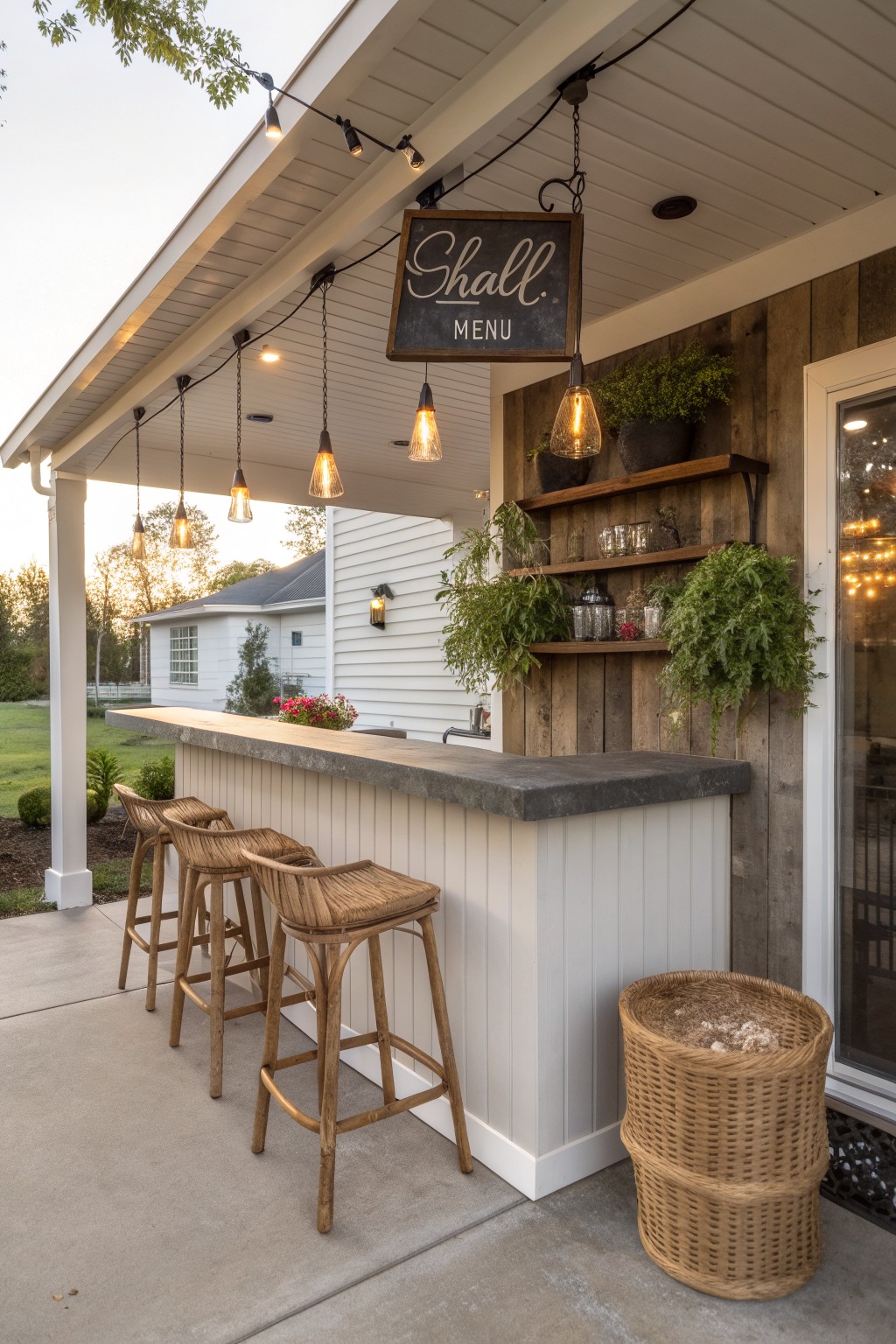 A covered outdoor bar with a concrete countertop, four woven bar stools, hanging pendant lights, and wooden shelves holding plants and glassware on a farmhouse-style porch.