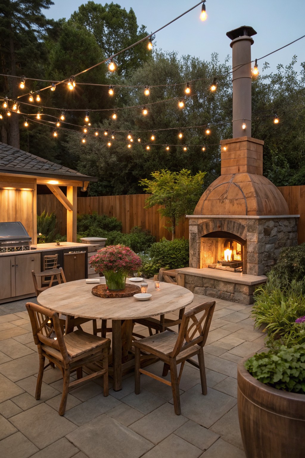 A round wooden dining table with chairs on a stone patio next to a large outdoor fireplace, with string lights overhead and an outdoor kitchen visible in the background.