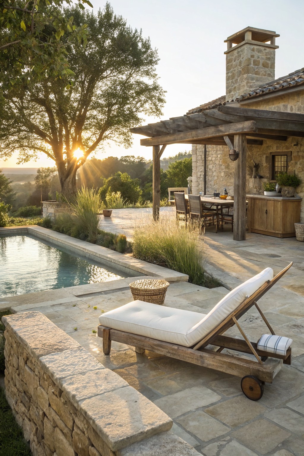 A wooden lounge chair with white cushions on a stone patio next to a pool, with a stone house and wooden pergola visible in the background.