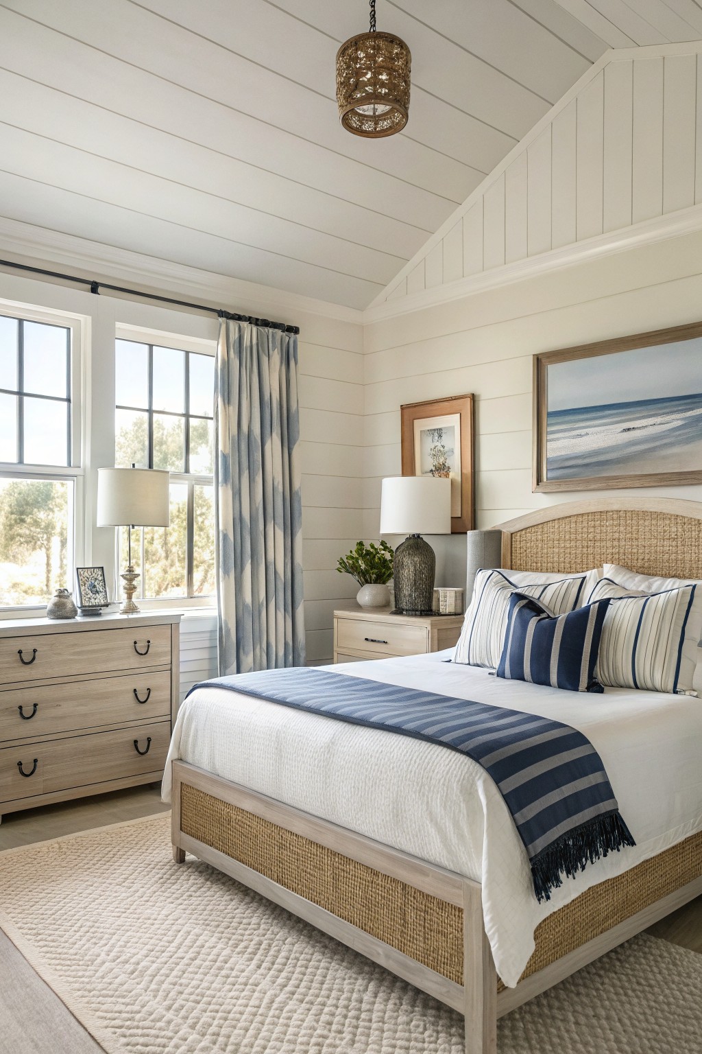 Bedroom walls painted in a soft creamy white with white trim and light wood furniture.