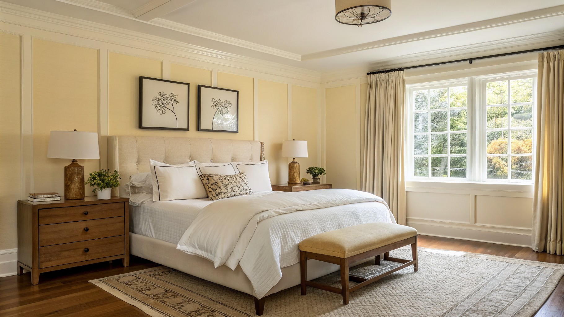 Bedroom with soft warm cream walls and wood furniture.