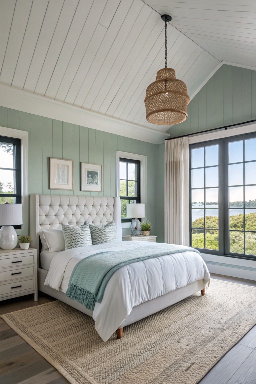 Bedroom walls painted in a soft sage green with white trim.