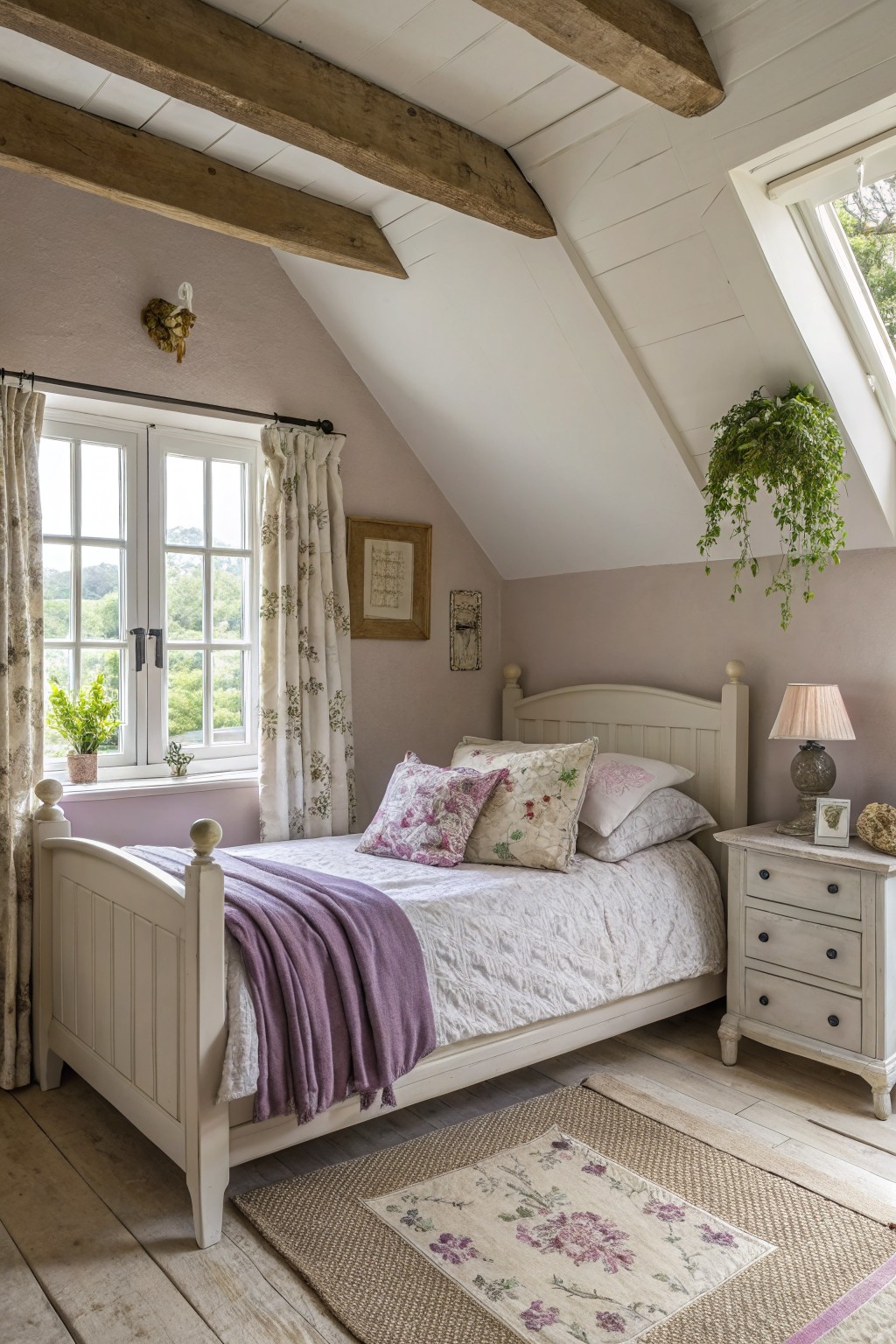 Soft taupe walls in a bedroom with white trim and exposed wood beams.
