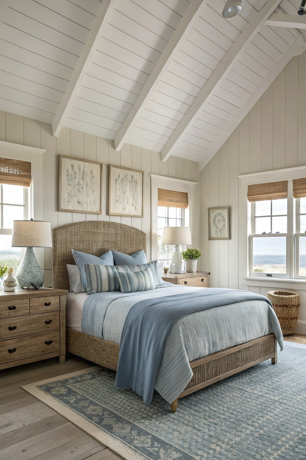 Coastal bedroom with blue linens, woven headboard, vaulted ceiling, and ocean views