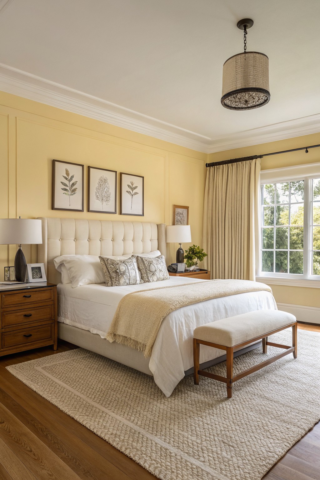 Bedroom with soft warm cream walls and wood furniture.