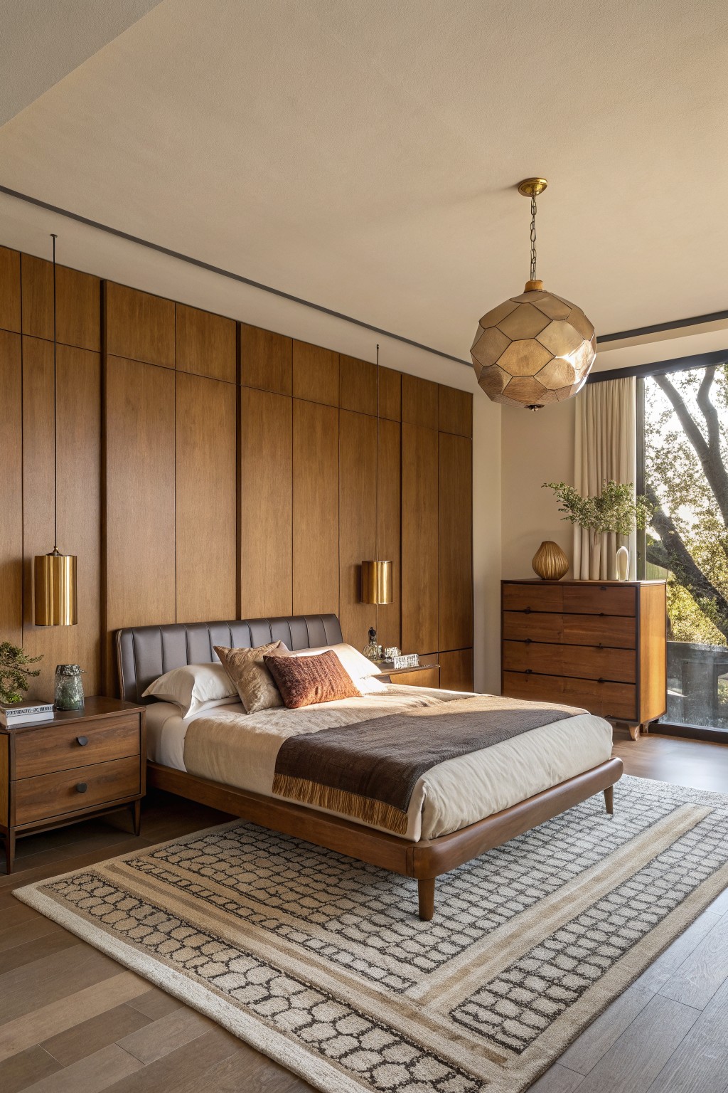 Modern bedroom with wooden bed, patterned rug, and brass pendant lights