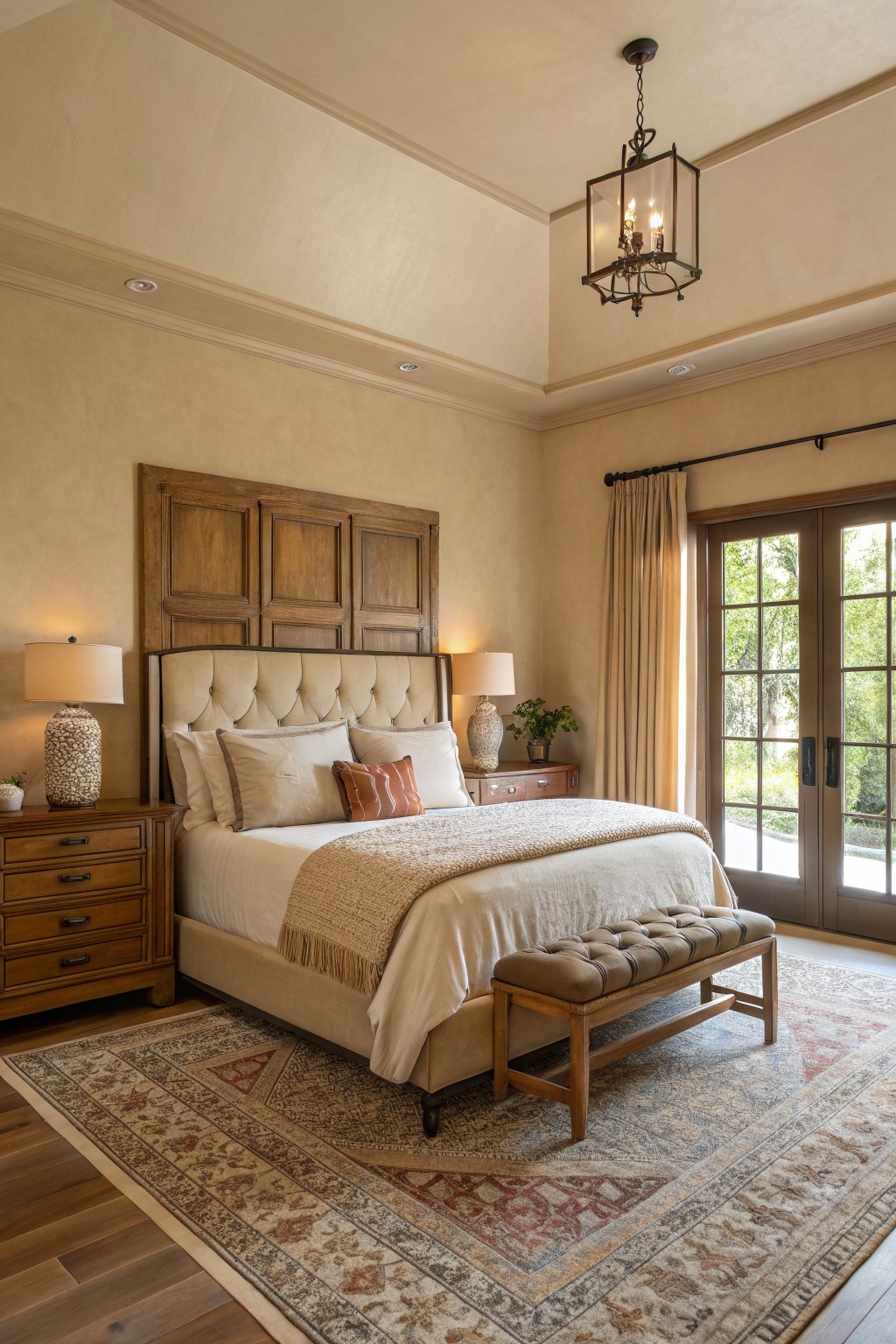Elegant bedroom with tufted bed, wooden furniture, chandelier, bench, and glass doors