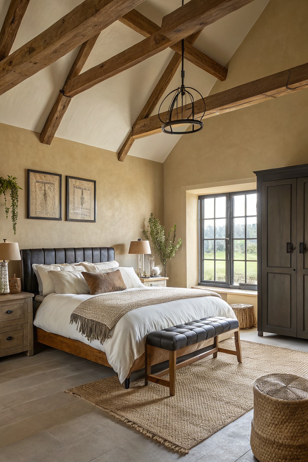 A bedroom with warm beige walls and exposed wood ceiling beams.