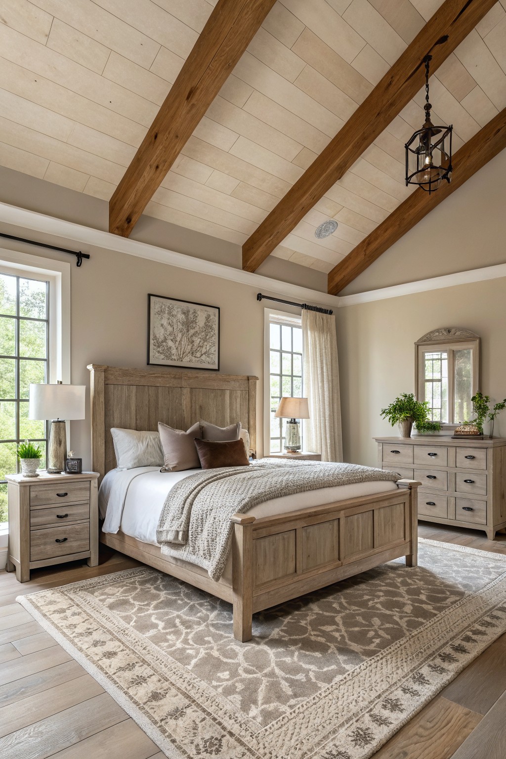 A bedroom with warm beige walls and exposed wood beams.