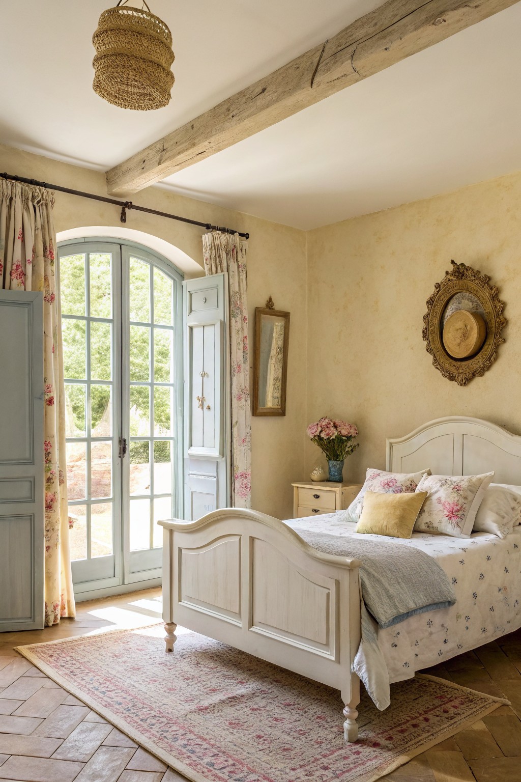 A bedroom with warm beige walls, white trim, and a white bed frame.