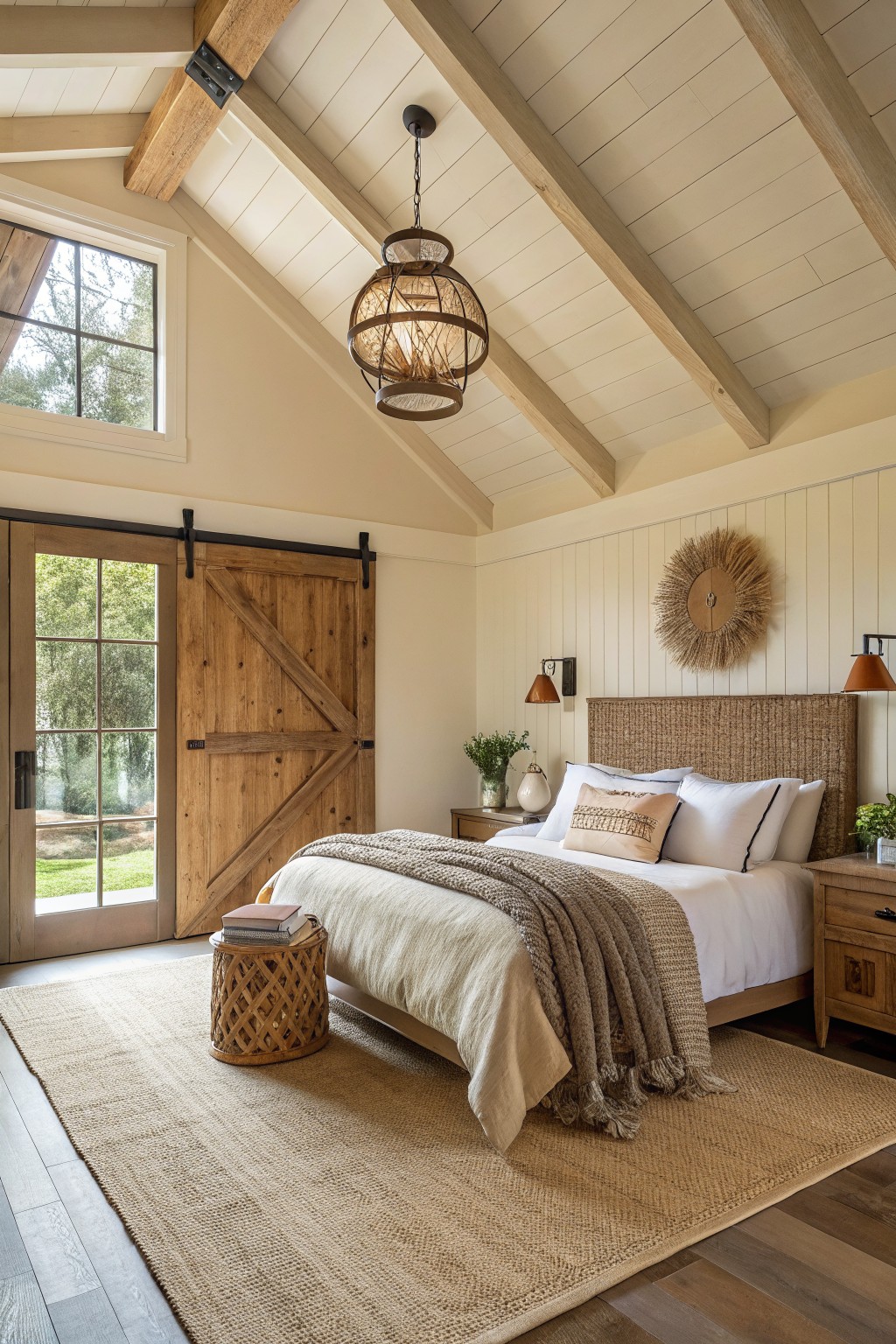 Light warm cream walls in a bedroom with wood ceiling beams.