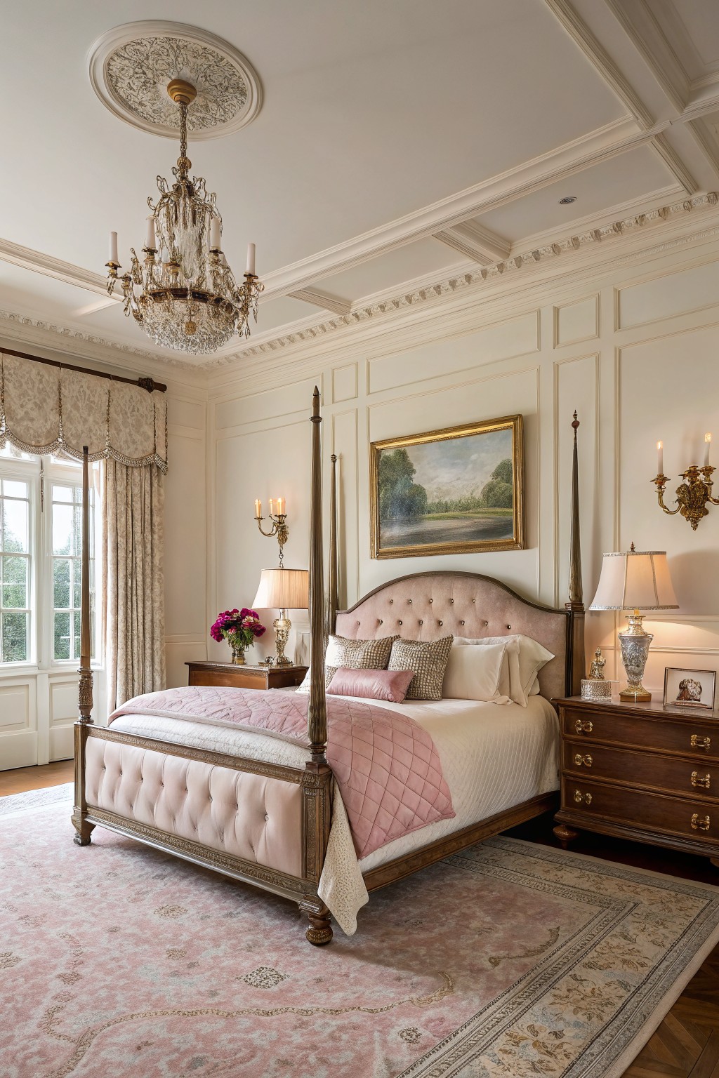 A bedroom with warm cream walls and classic panel molding.