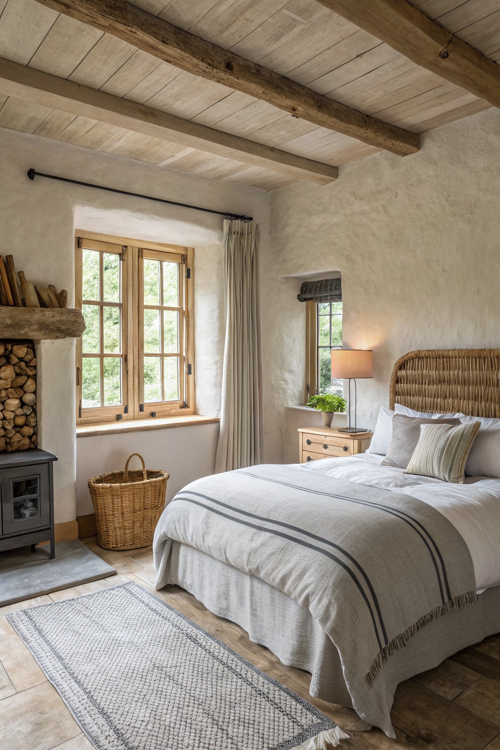 Bedroom walls in a soft warm cream with a lightly textured plaster finish.