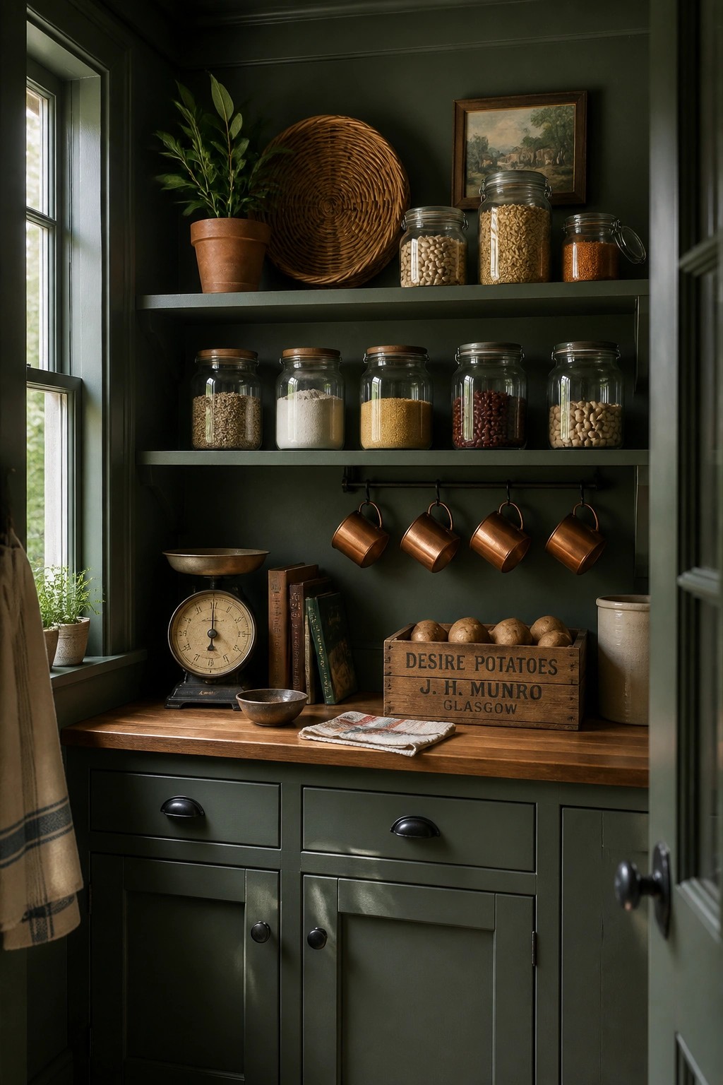 Dark olive green painted cabinets and shelves in a farmhouse pantry.