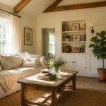 Warm white walls in a living room with wood ceiling beams.