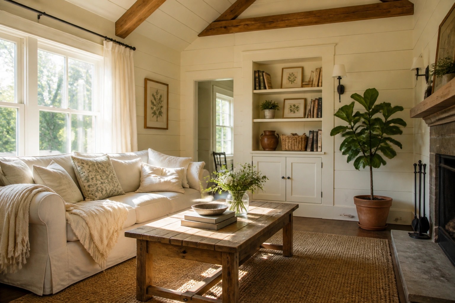 Warm white walls in a living room with wood ceiling beams.