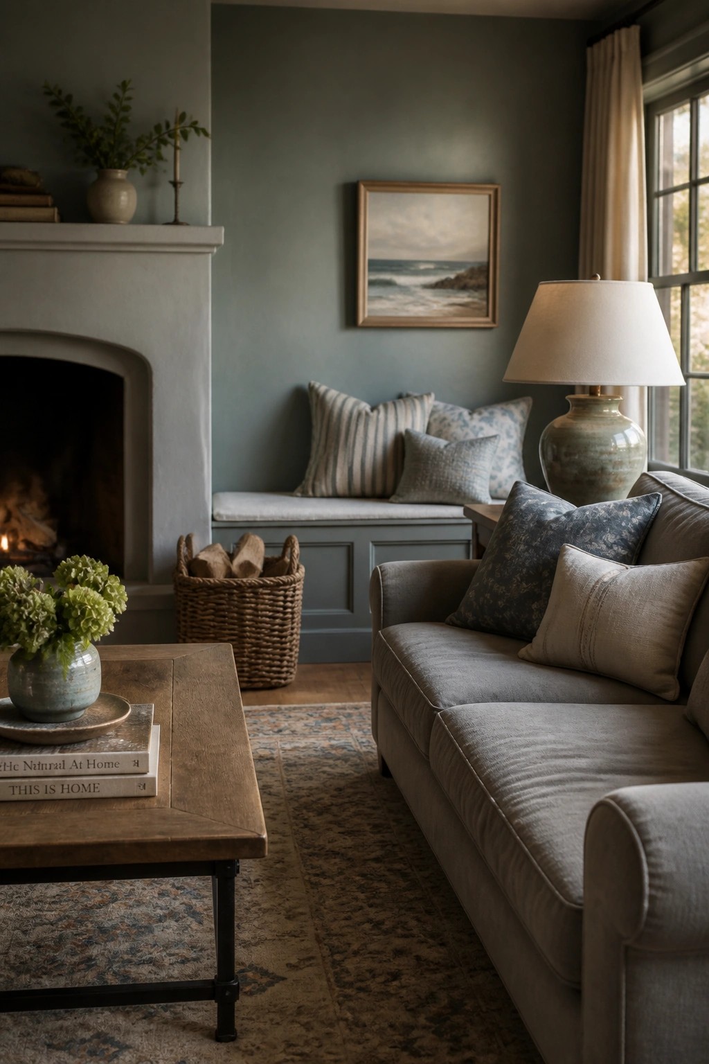 Living room walls painted in a soft sage green with a fireplace and wooden coffee table in view.