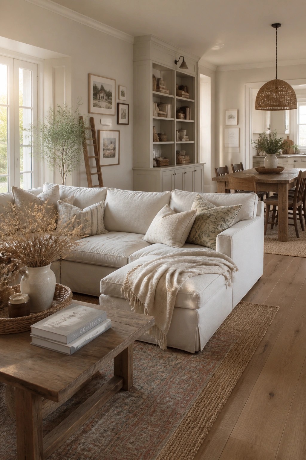 Farmhouse living room with soft warm greige walls and neutral furnishings.