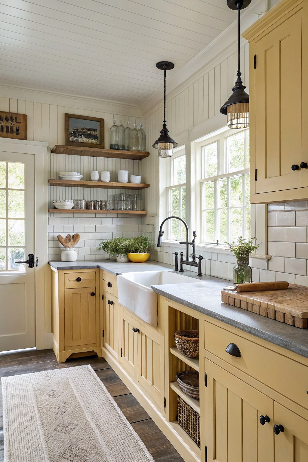 A kitchen with soft yellow cabinets and white subway tile backsplash.