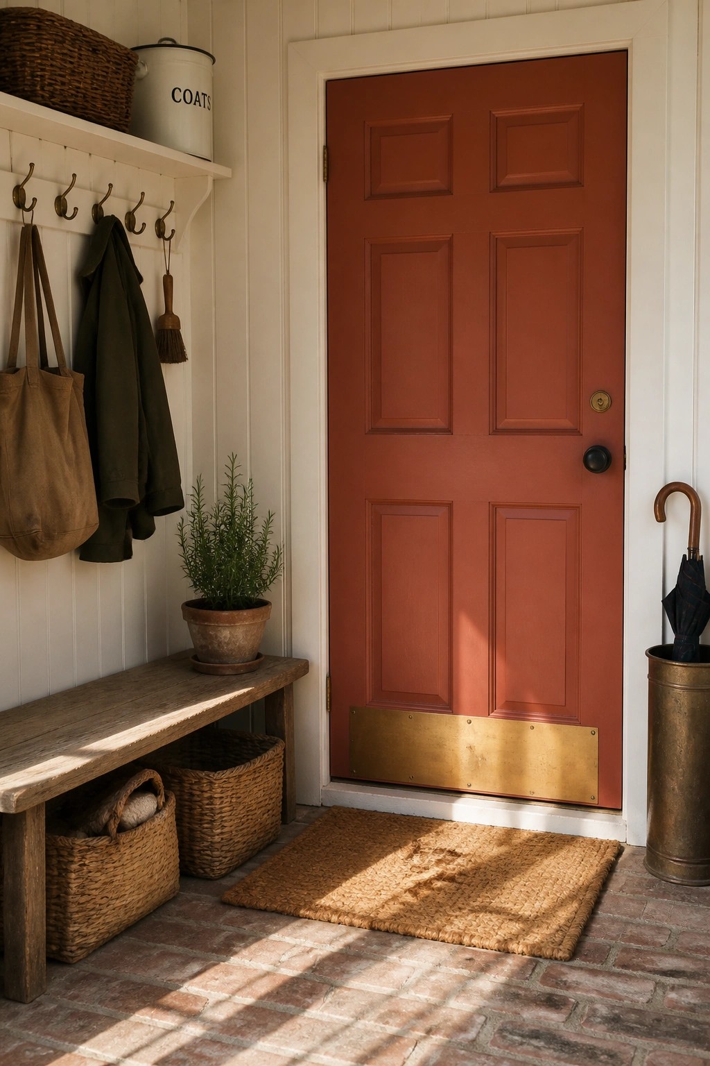 A warm terracotta red door on a brick entryway with a wooden bench nearby.