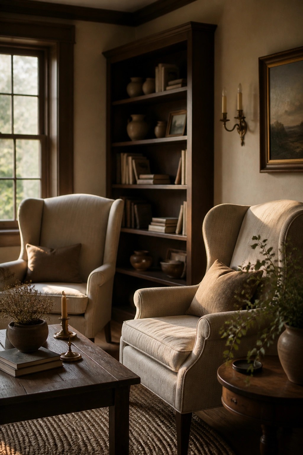 Cozy living room with warm beige walls and wooden built-in shelves.
