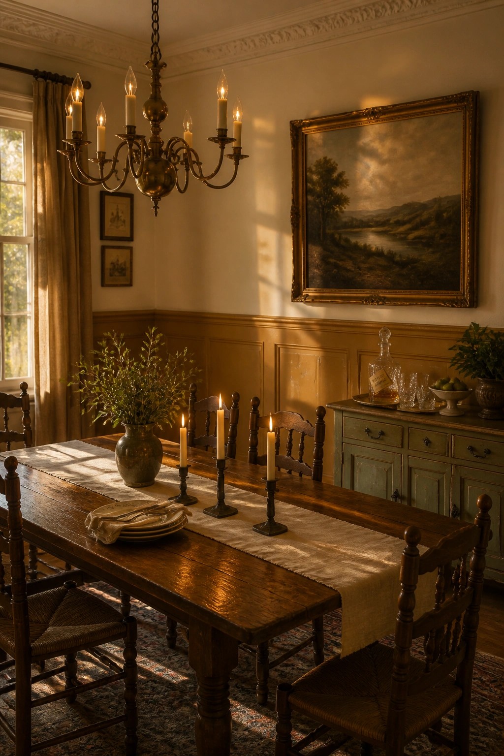A dining room featuring warm beige painted walls alongside a rustic wooden table.
