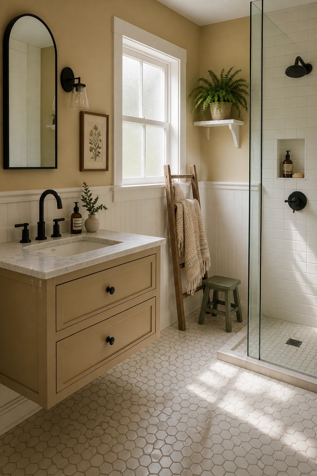 A bathroom featuring warm beige walls with white wainscoting and a floating vanity.