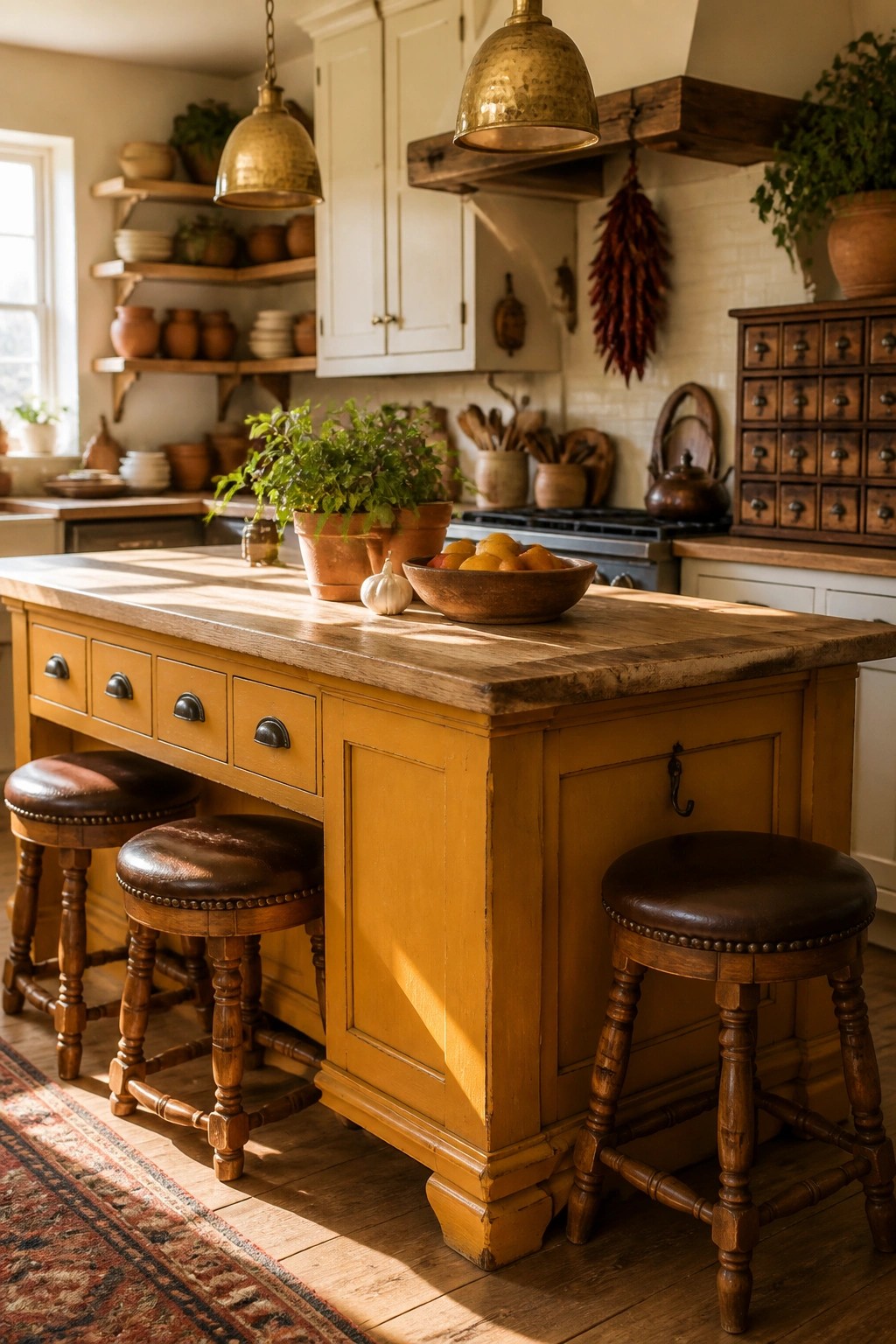 A large kitchen island painted warm golden yellow in a rustic farmhouse kitchen.