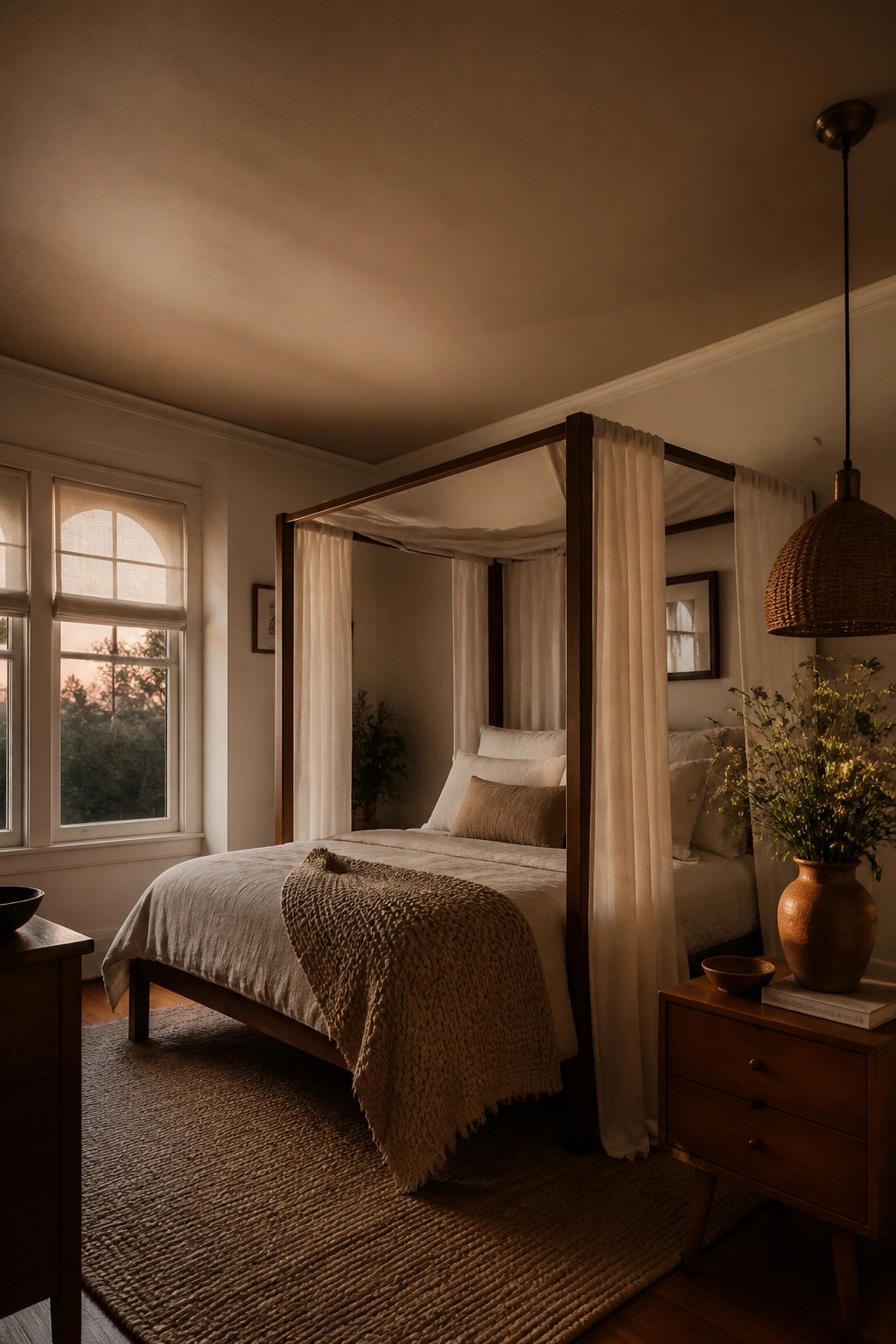 A bedroom featuring warm greige walls and a dark wood canopy bed.
