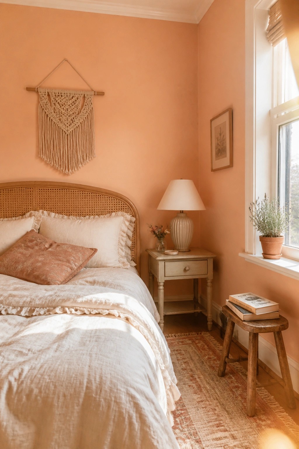A bedroom featuring warm peach painted walls with simple wooden furniture and natural light.