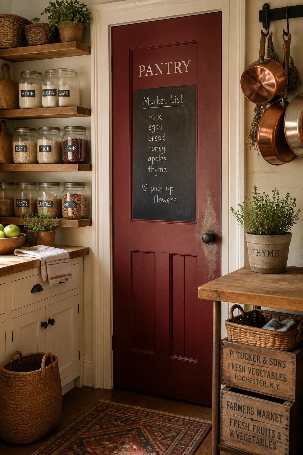A deep red pantry door with a chalkboard panel in a farmhouse kitchen setting.