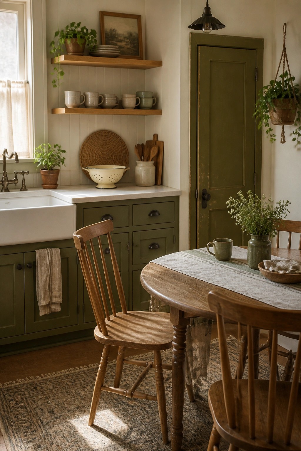 Muted sage green cabinets in a farmhouse kitchen with wood furniture and white counters.