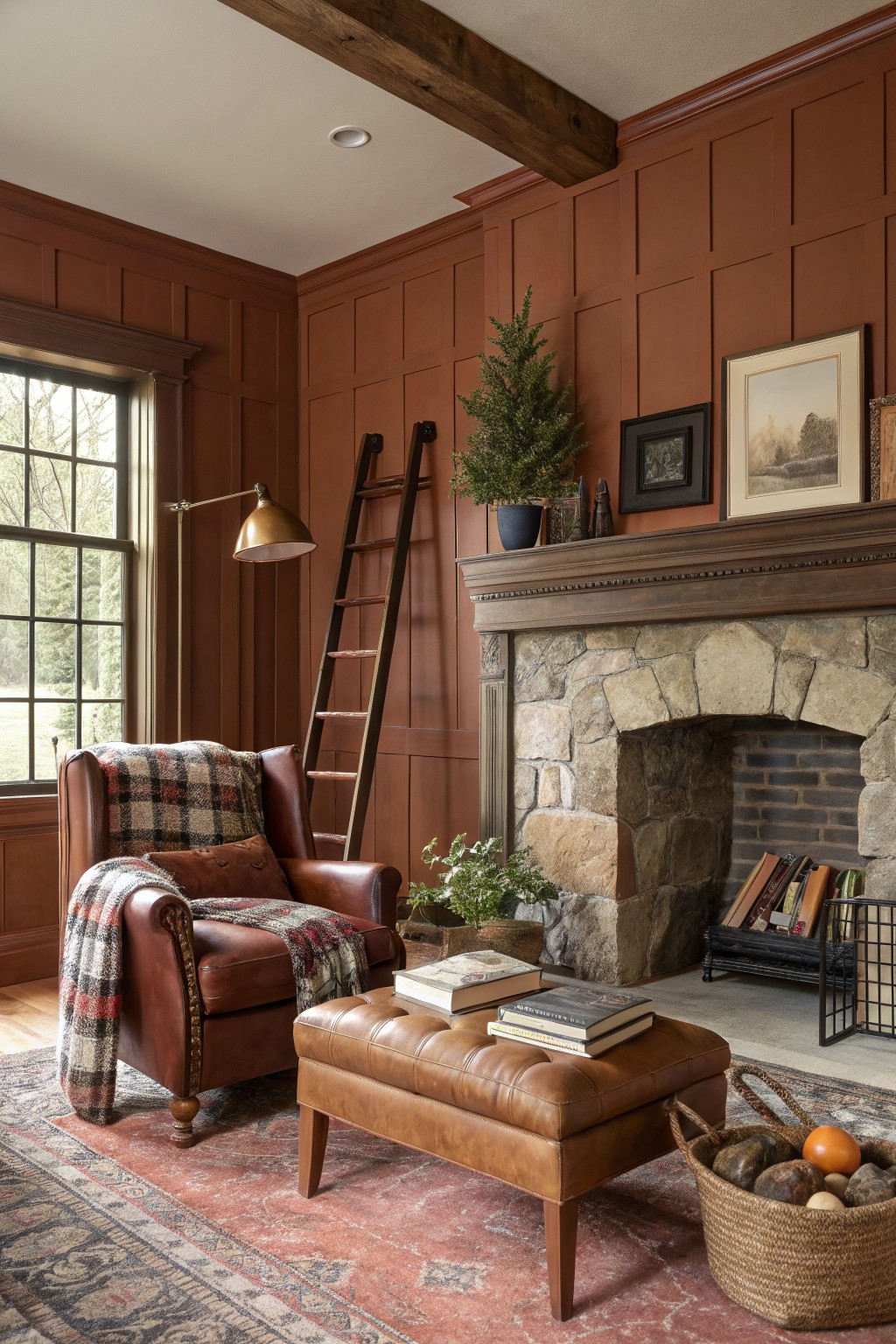 A living room with warm terracotta walls and wood paneling.