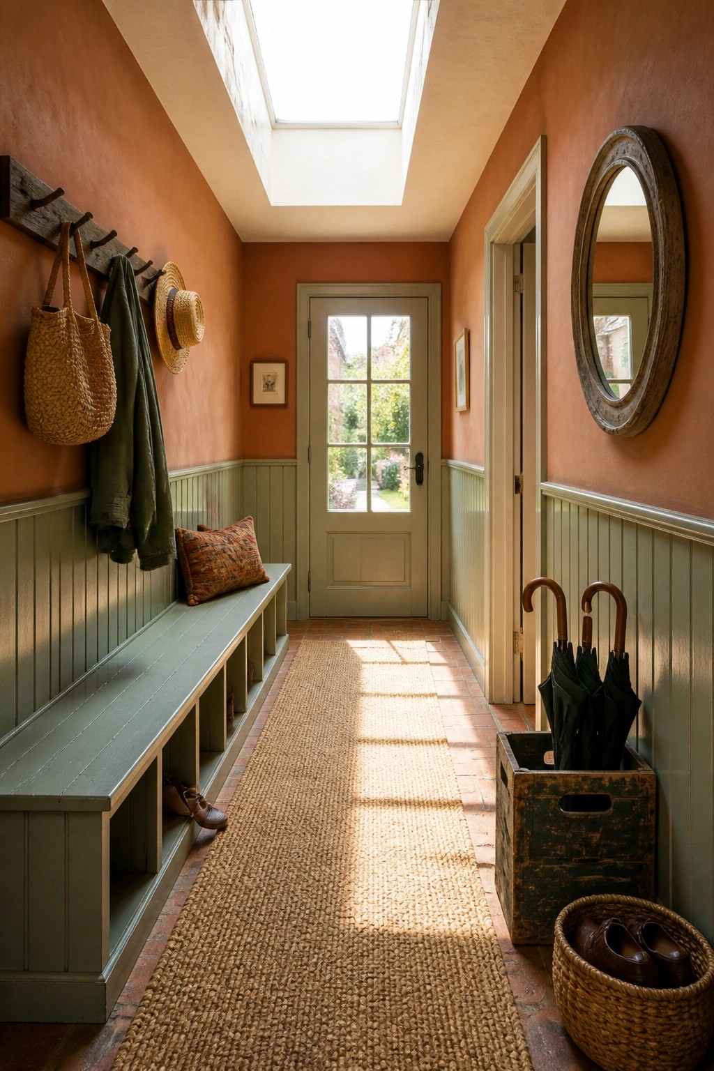 Hallway with warm terracotta walls and built-in bench seating.