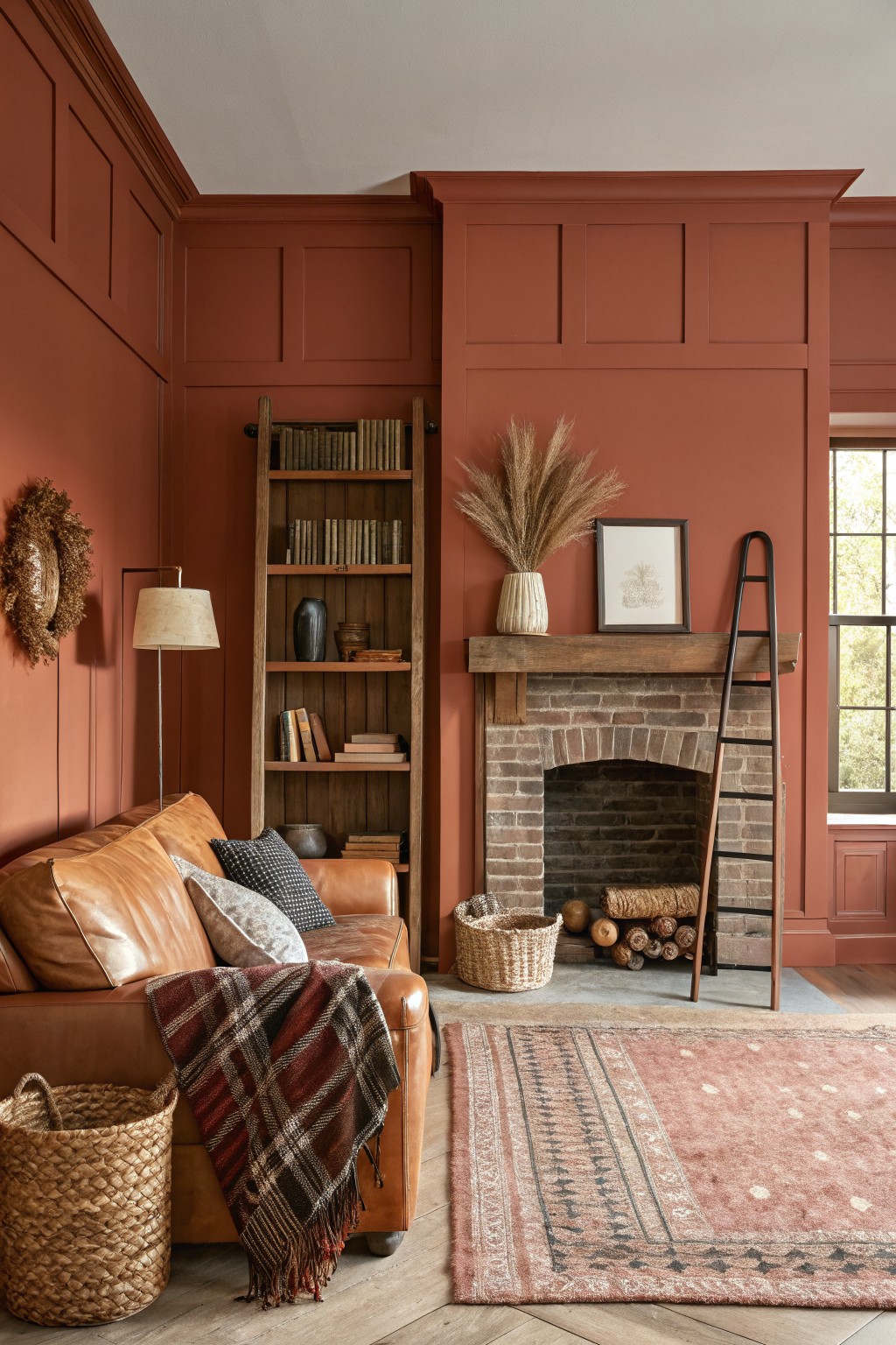 A living room with warm terracotta walls surrounding a brick fireplace.