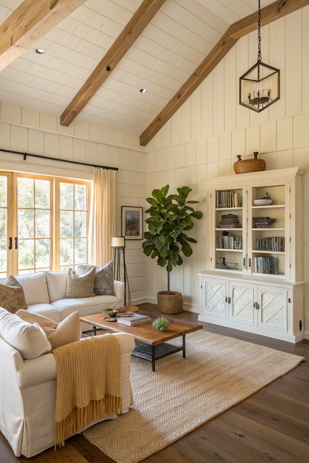 Warm white walls in a living room with wood ceiling beams.