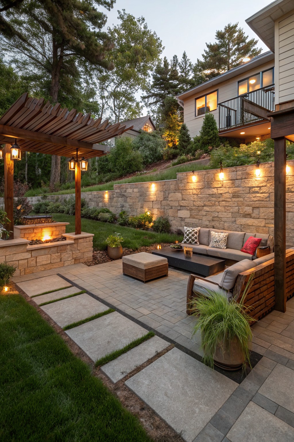 A backyard patio with a wooden pergola, outdoor sectional sofa, fire pit, paved pathways, and stone retaining wall in the evening.