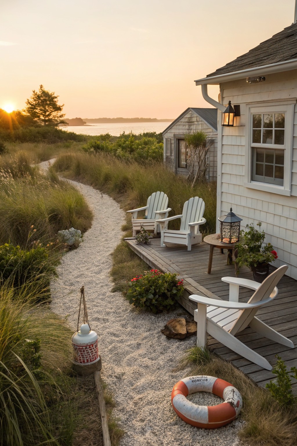 A wooden deck attached to a white shingled house holds several white Adirondack chairs, with a gravel path, potted plants, and a life preserver nearby.