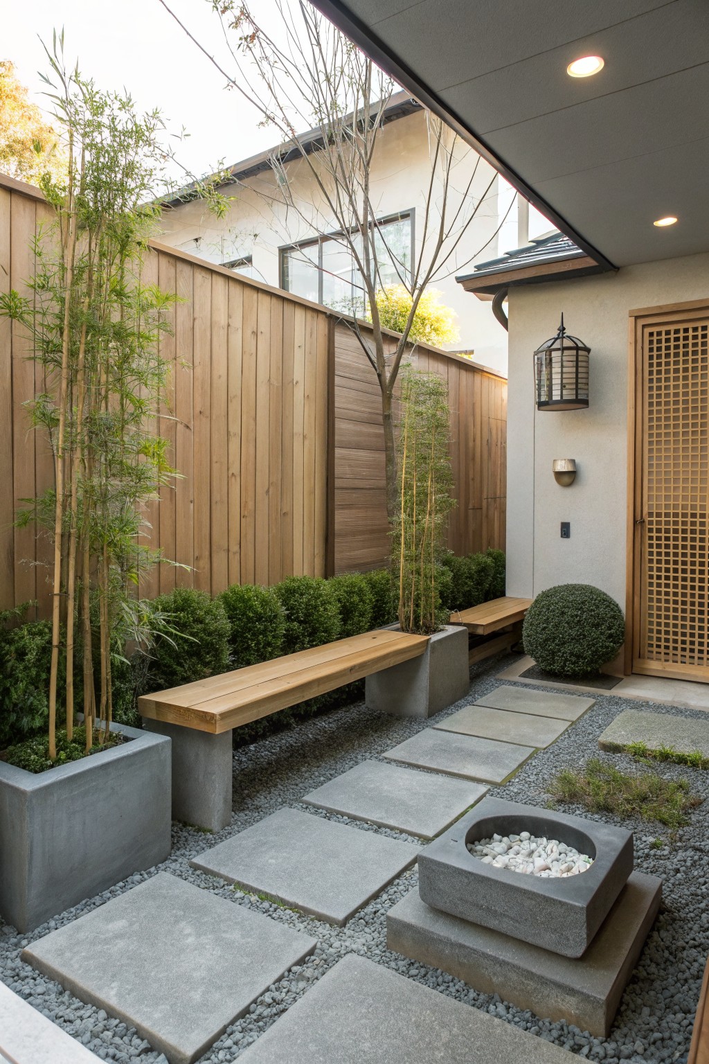 A gravel courtyard with wooden benches resting on concrete block supports, paver stepping stones, and low plantings along a wood fence.