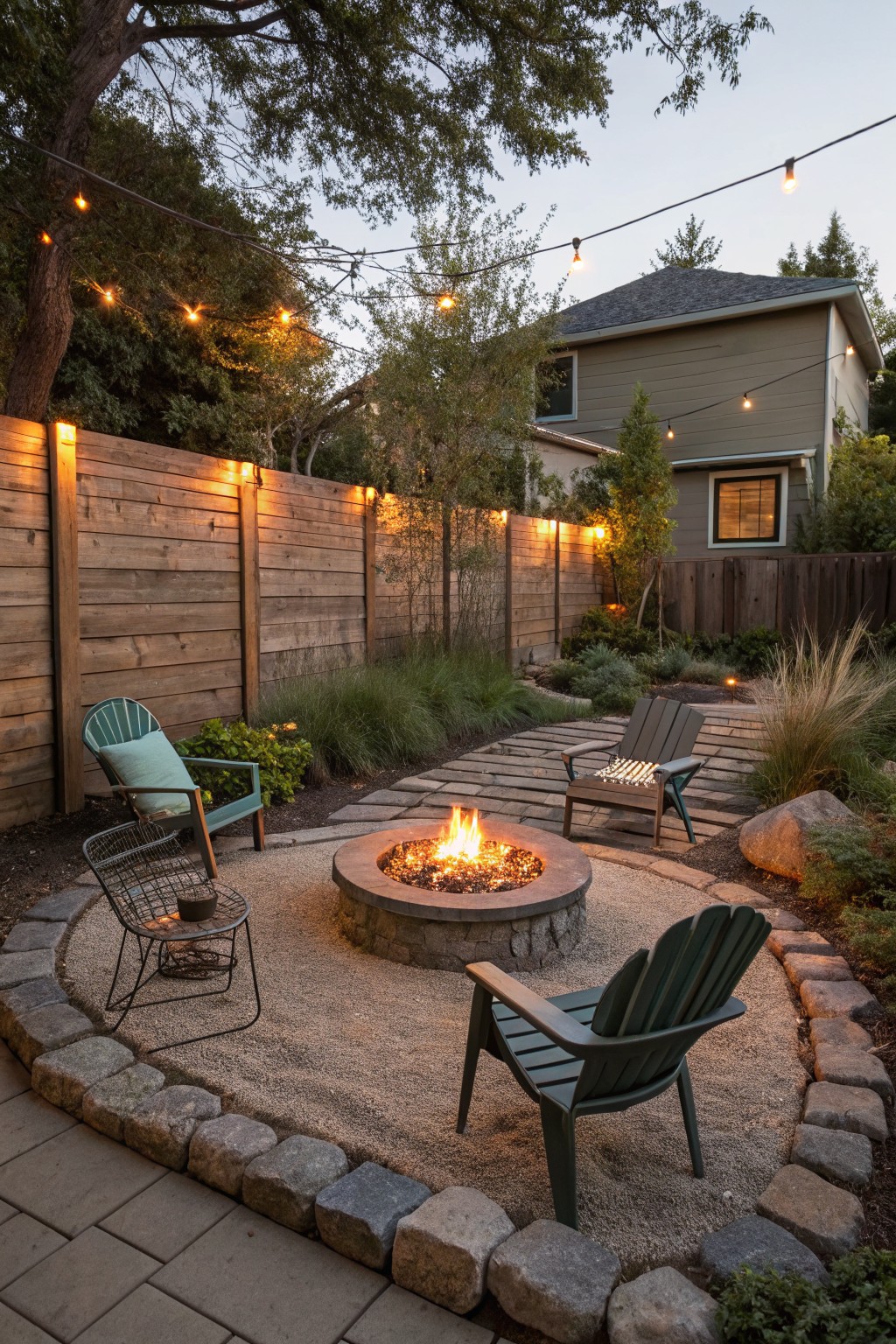 A backyard outdoor living area features a round stone fire pit set in gravel with four chairs arranged around it, string lights overhead, and a wooden fence in the background.