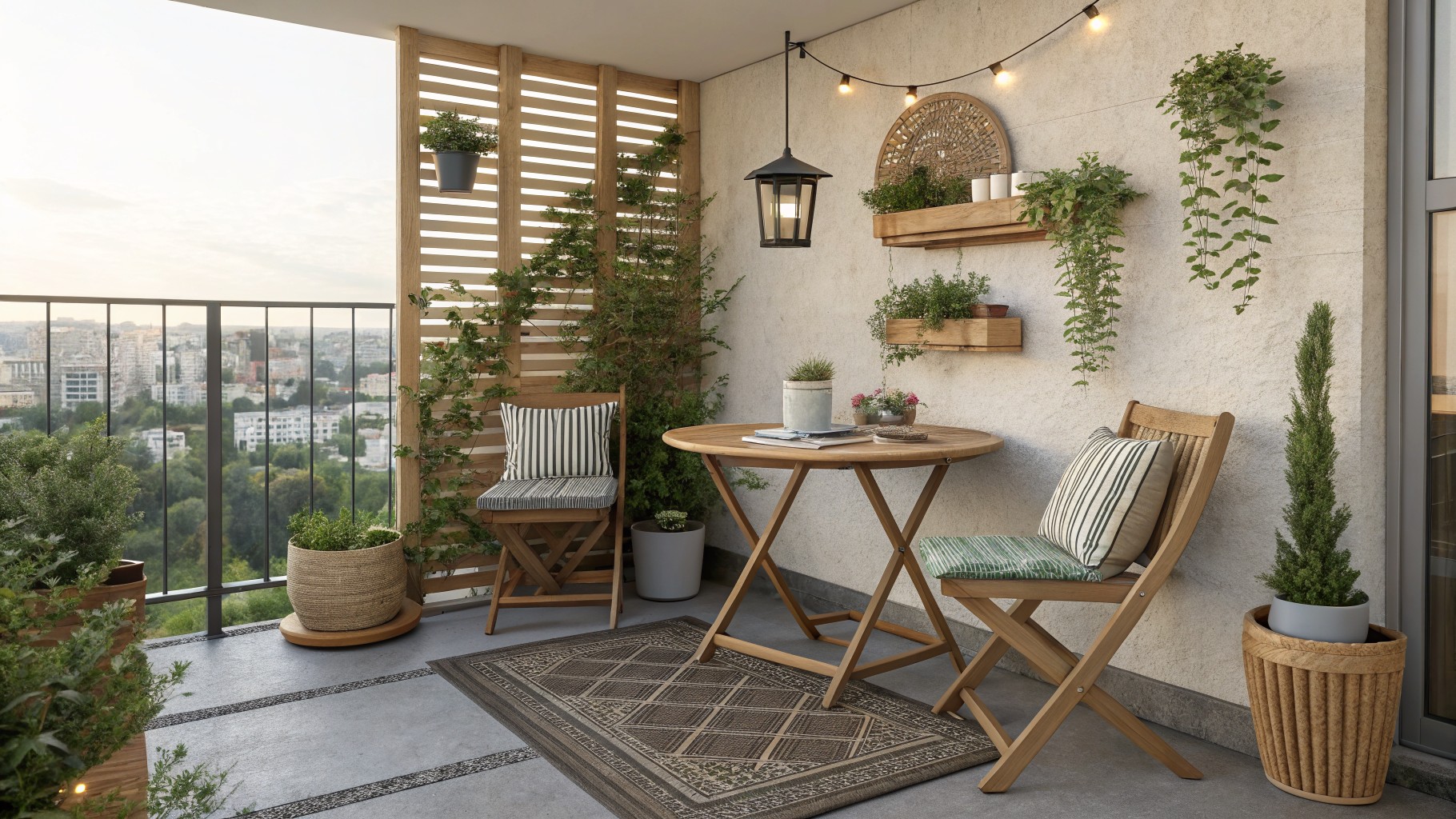 Cozy balcony with wooden table, chairs, striped cushions, plant shelves, and woven rug.