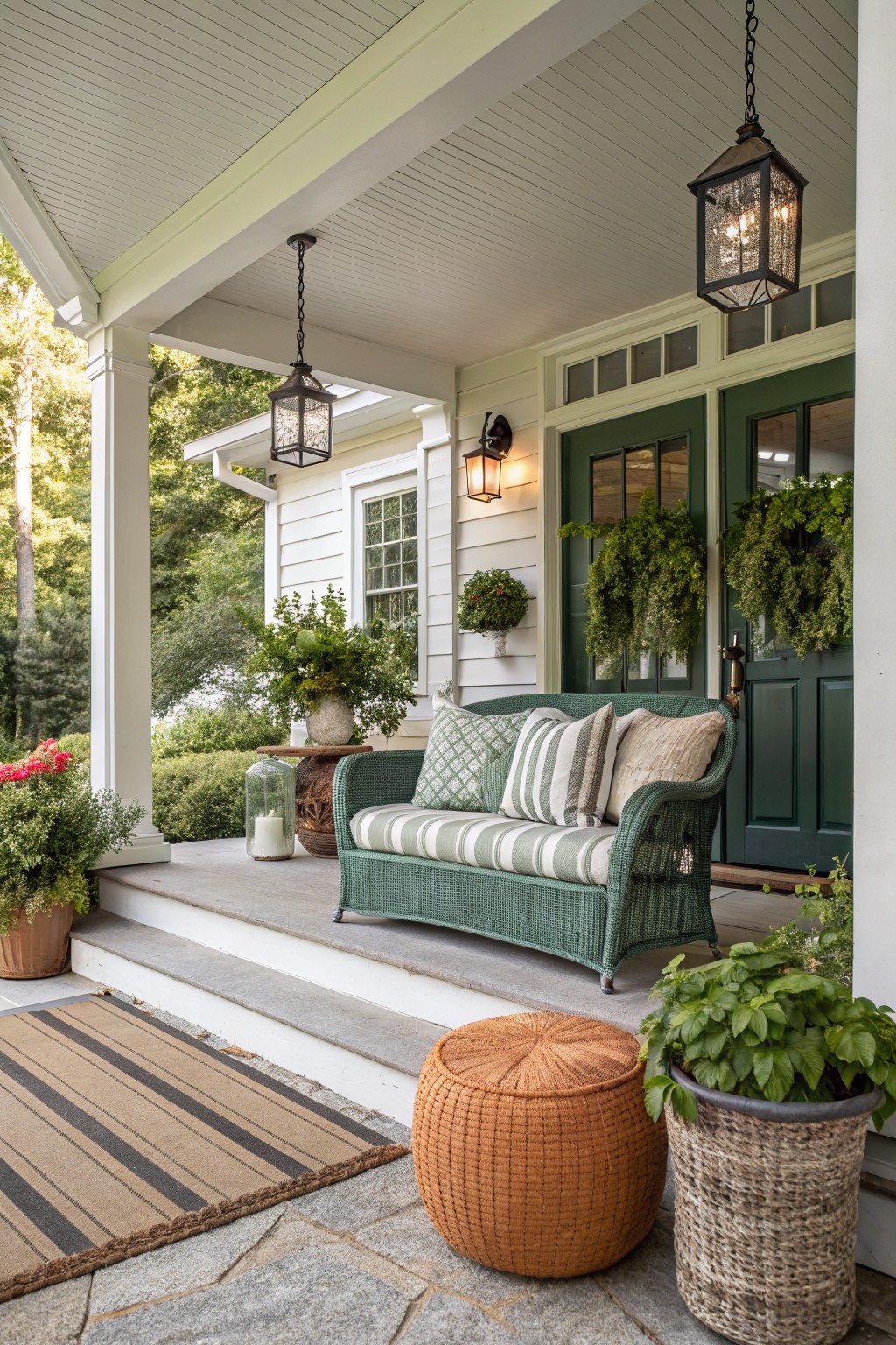 A green woven sofa with mixed striped and patterned pillows sits on a front porch beside hanging lanterns, potted plants, and a woven ottoman.