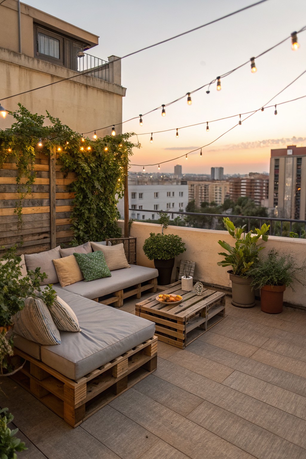 Rooftop terrace with pallet sofas and a pallet coffee table, potted plants, and string lights overlooking a city at dusk.