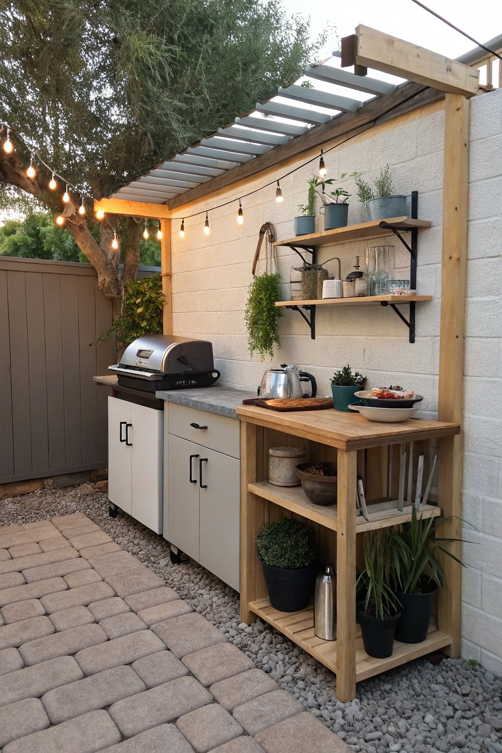 Outdoor kitchen with grill, wooden shelves, plants, and string lights under pergola.