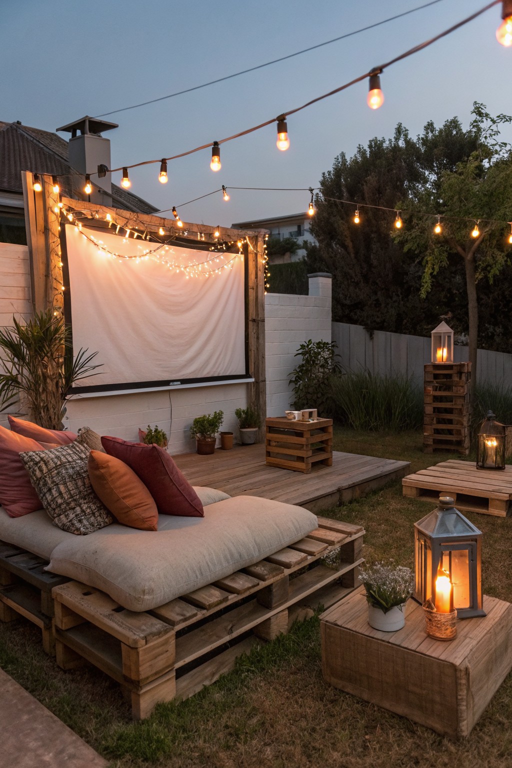 A backyard patio at dusk featuring pallet wood seating with cushions, a large projector screen, string lights, and several wooden lanterns.