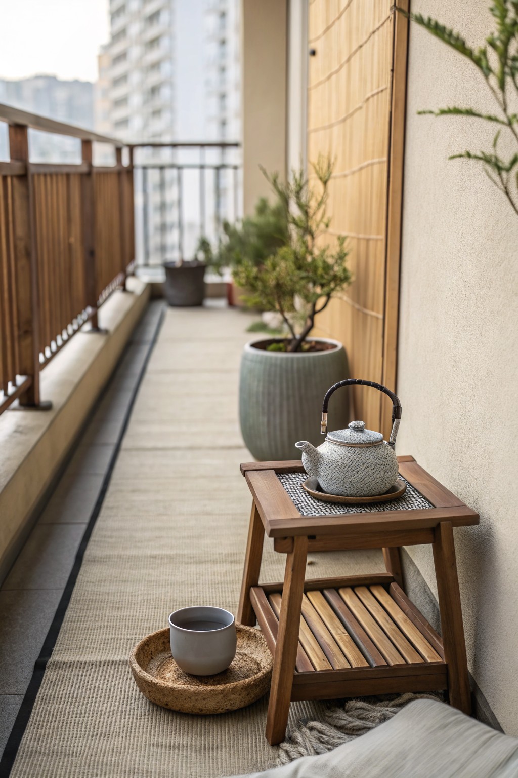 A narrow balcony features a wooden stool holding a ceramic teapot, with a cup on a cork tray resting on a woven rug beside potted plants.