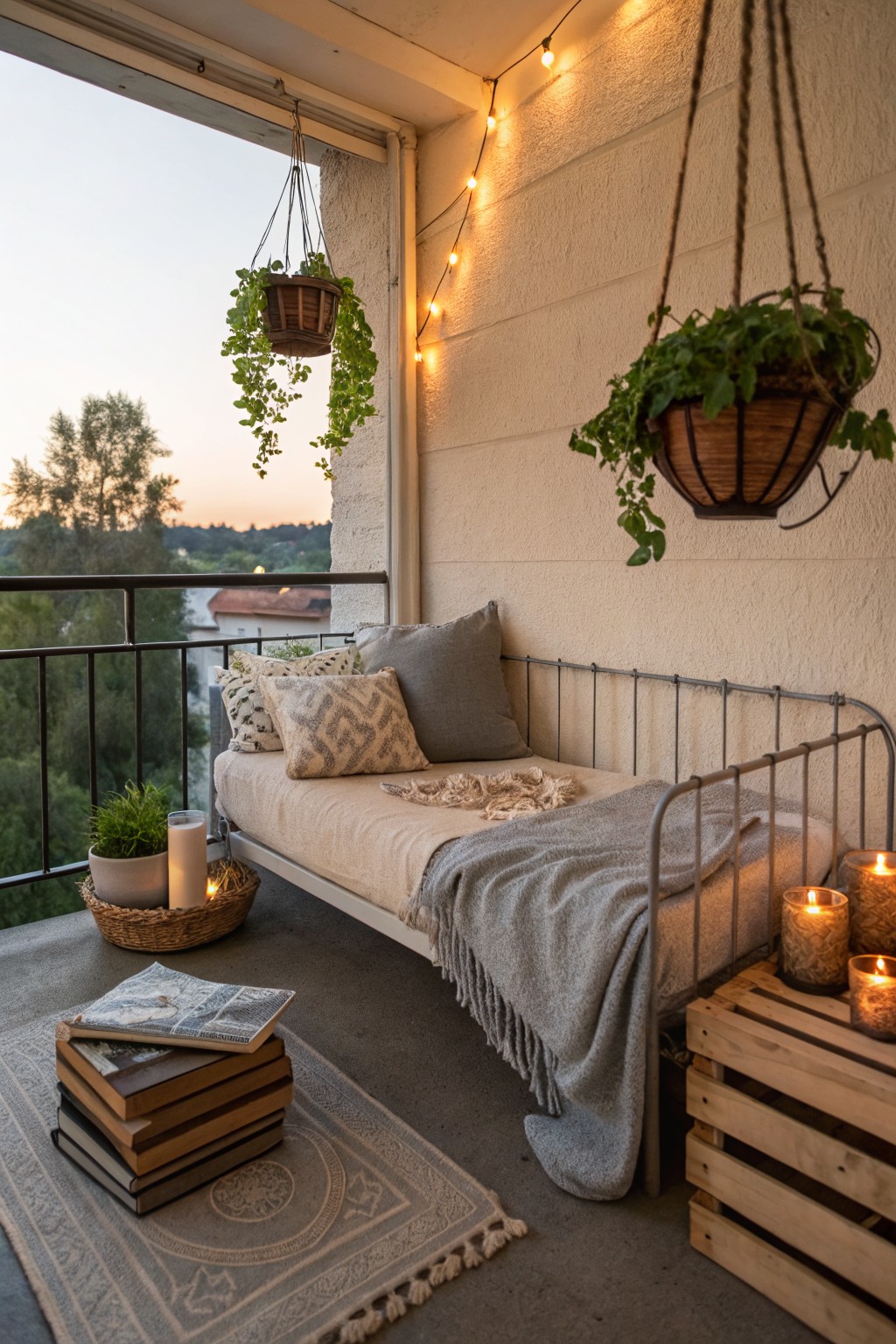 A small balcony with a metal daybed, cushions, a gray throw, string lights on the wall, hanging plants, and lit candles on wooden crates.