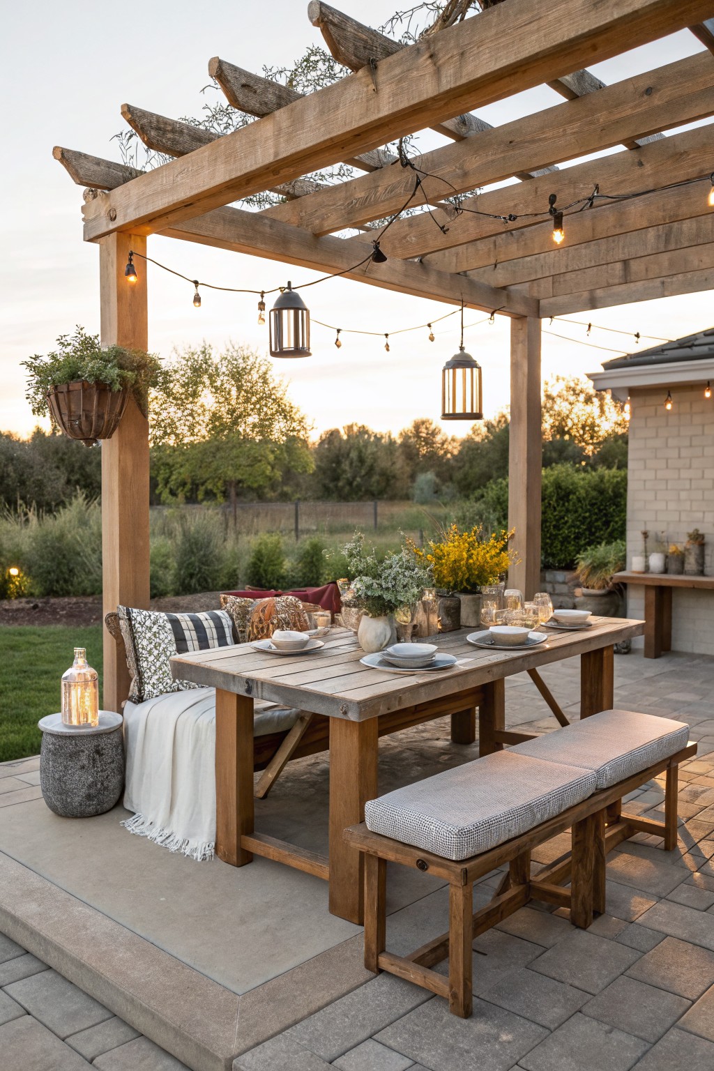 A wooden pergola strung with lights over a long outdoor dining table set with dishes, benches, and cushions on a stone patio.