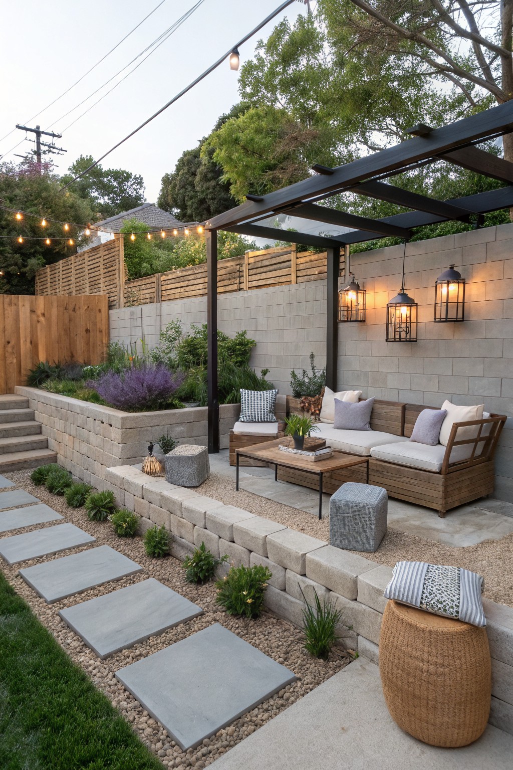 A backyard patio features a wooden sofa and coffee table under a dark pergola, bordered by a stone retaining wall with plantings and gravel paths.